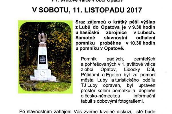 Opatov: Obec znovuodhalí pomník padlým v 1. světové válce